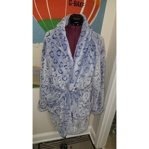 Women's Robe Short Plush Blue Hearts Pockets Soft  Belted Plus Size 1x As-Is